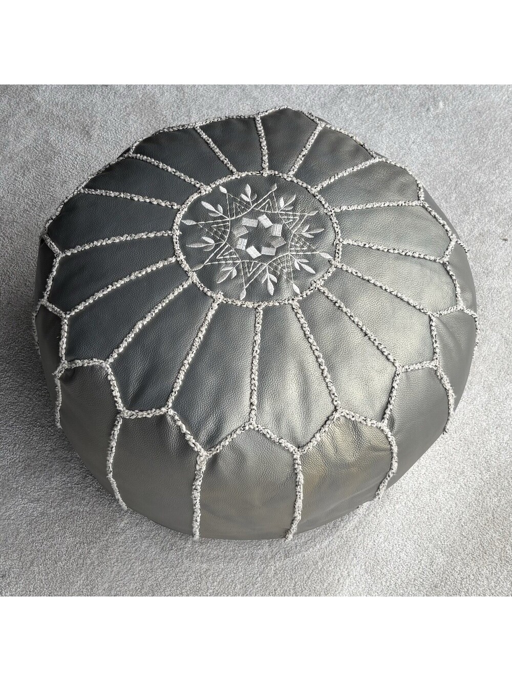 Moroccan Faux Leather Mandala Embroidery Silver Champagne Pouf Ottoman